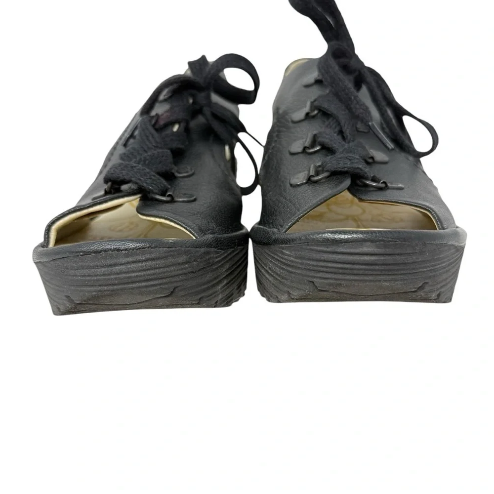 Fly London Yuta Black Leather Platform Wedge Sandals Size 40 9.5 10 Slingback
